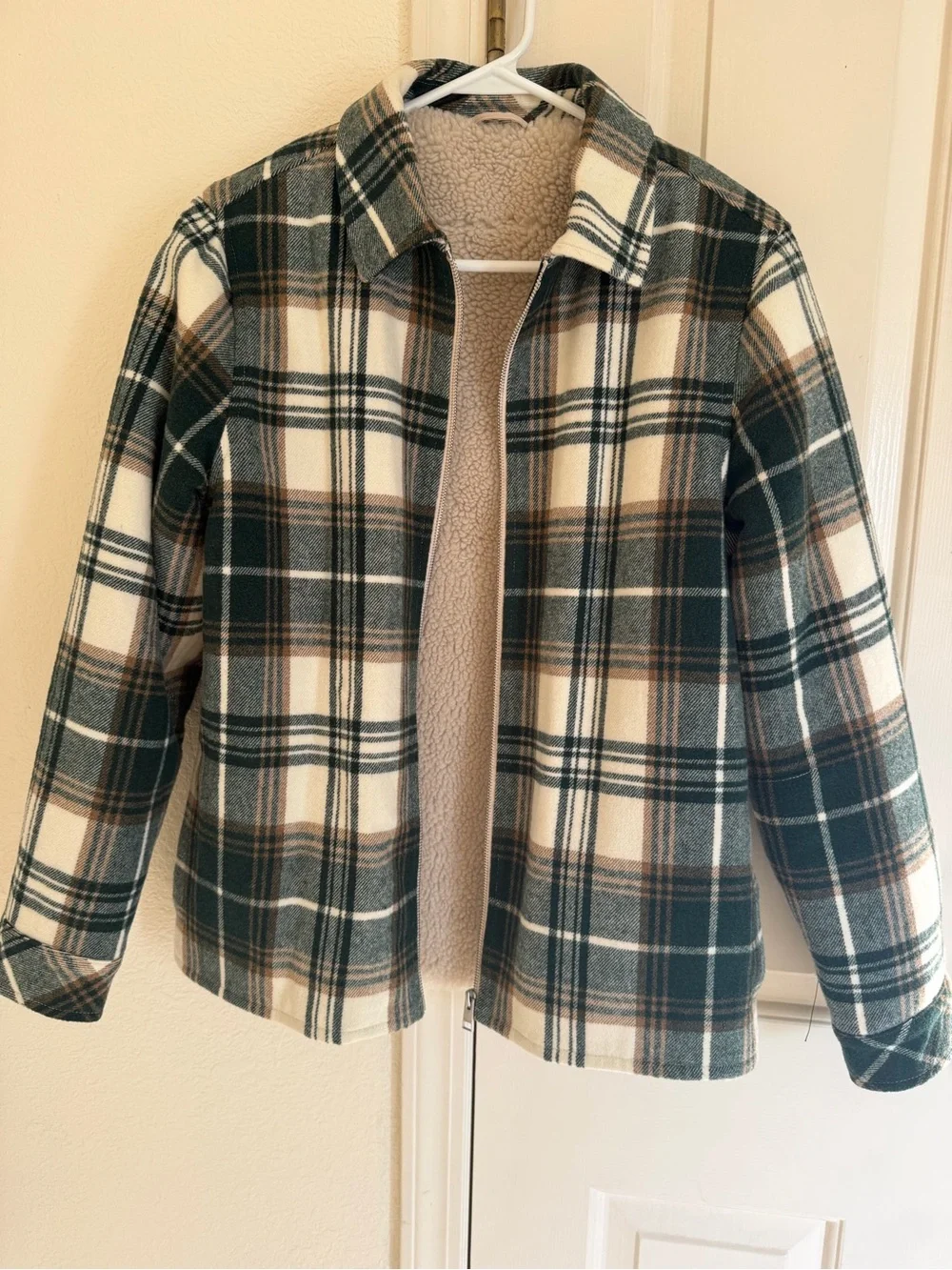 Frame Denim Plaid Sherpa-Lined Zip Jacket — Cream, Green & Black